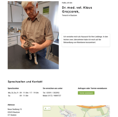 Ansicht der Website von tierarzt-bautzen.de mit Bild von Dr. Grajcarek, den Sprechzeiten und einer Karte der Praxis