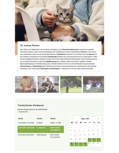 Ansicht der Website von tierarzt-bautzen.de mit Beschreibungstext, Beispielbildern und Kalender für den Notdienst